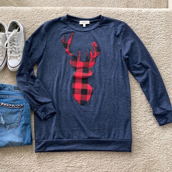 Navy French Terry Long Sleeve Plaid Reindeer Top - Picture 6 of 10
